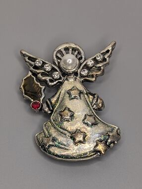 Vintage 1990s Enamel Angel Brooch Silver Tone Pearl Head Rhinestone Holiday Pin